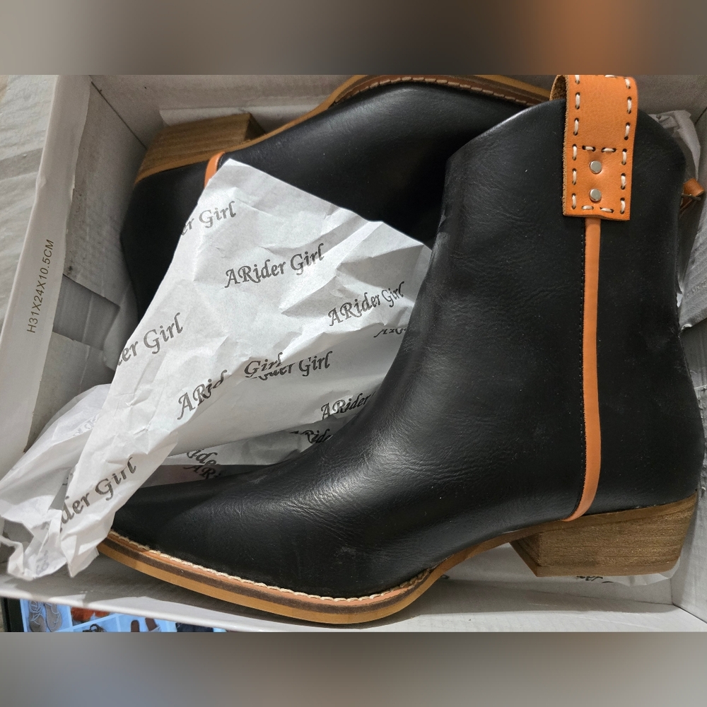 Black Leather Ankle Boots with Tan Accents